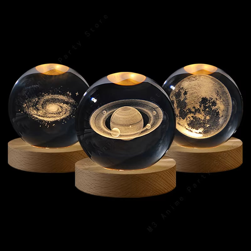 Unique 3D Crystal Ball Night Light Led Lamp Bedside Table Glowing Galaxy Lamp Saturn Planets Moon Children Birthday Gift Toy 5Cm